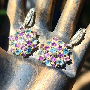 Amethyst & blue Topaz 💙 STUNNINGsterling & gold cluster earrings